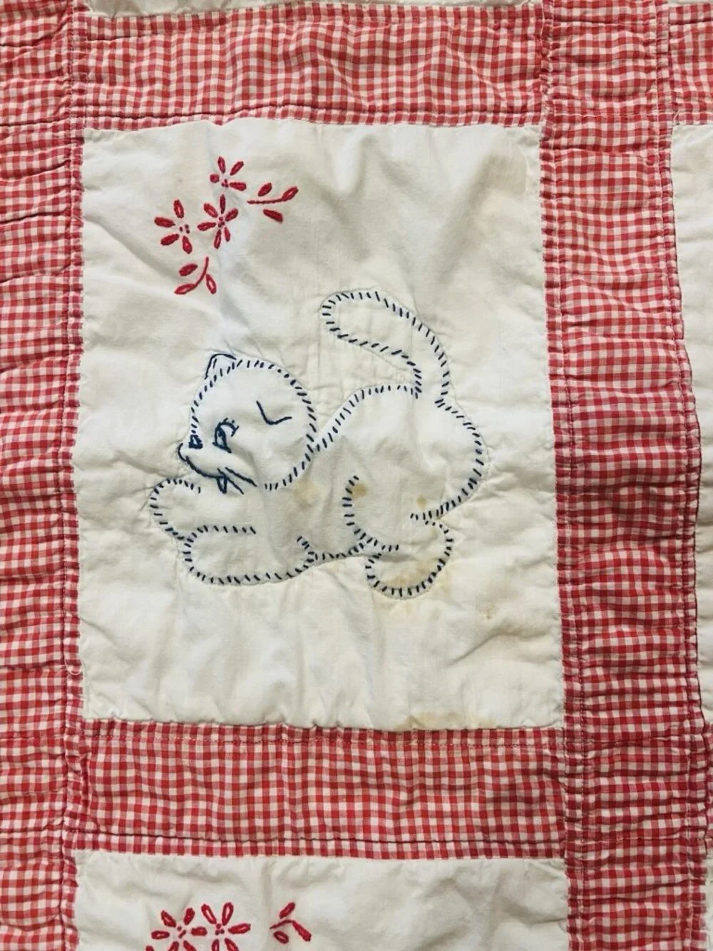Hand Embroidered Vintage Baby Quilt Stitched Animal Squares Kitschy READ